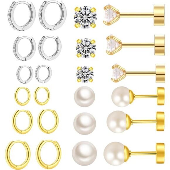 12 Pairs Gold & Silver Hoop, CZ, and Pearl Stud Earring Set Minimalist Style - Picture 1 of 6